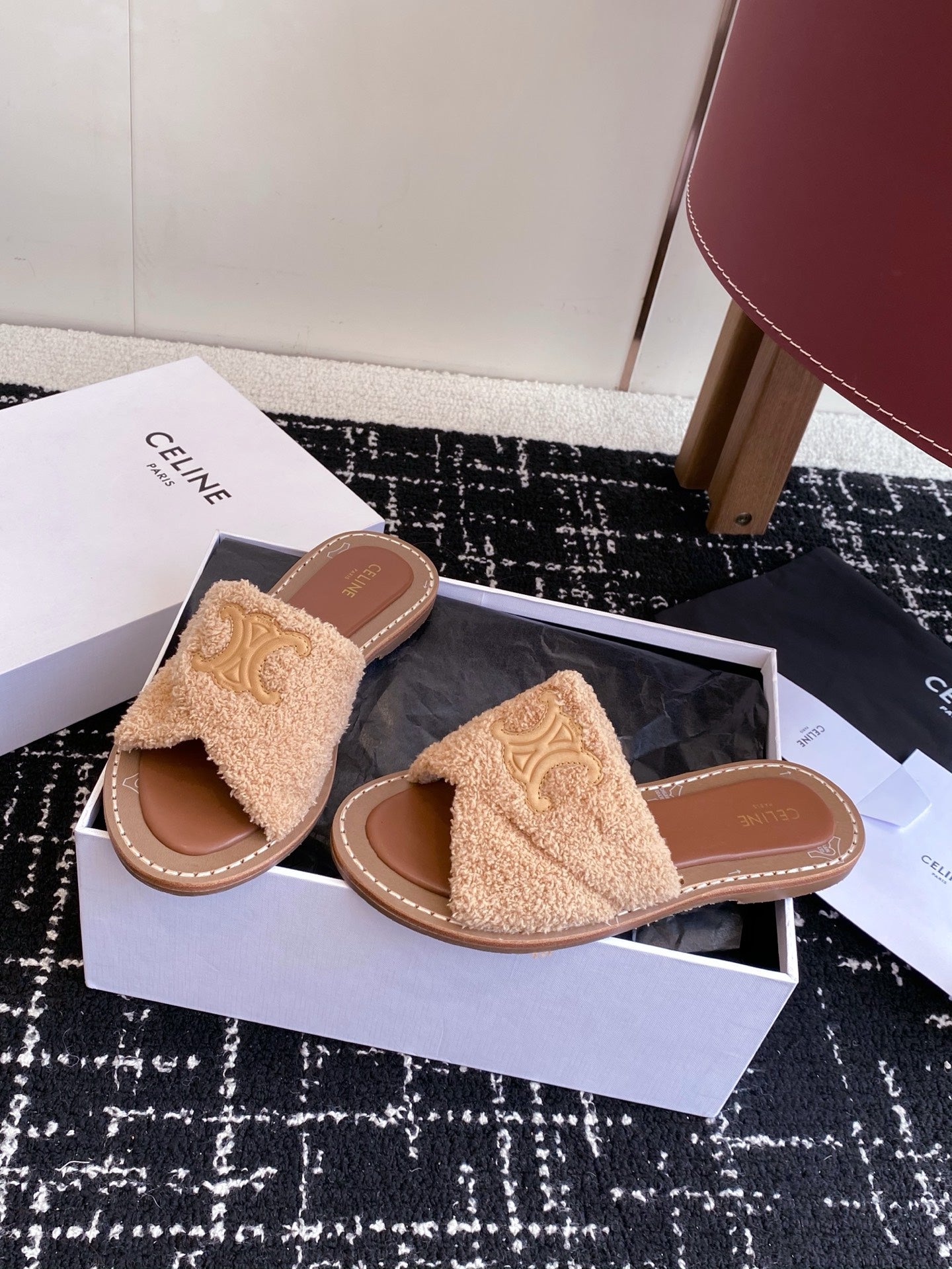 CELINE 26S TRIOMPHE FLAT SLIDES IN PEACH BEIGE WOOL