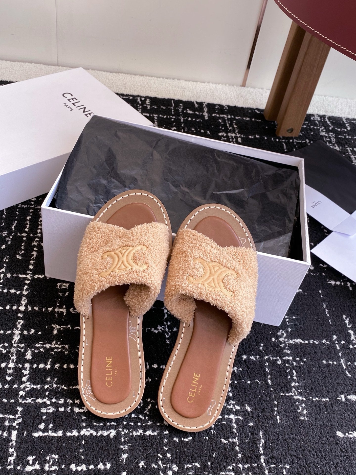 CELINE 26S TRIOMPHE FLAT SLIDES IN PEACH BEIGE WOOL