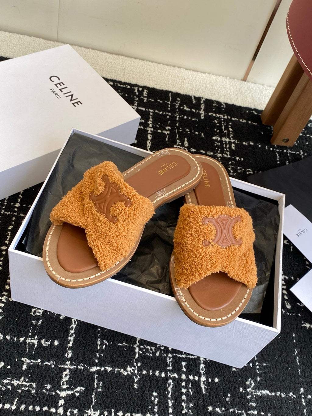 CELINE 26S TRIOMPHE FLAT SLIDES IN BROWN WOOL