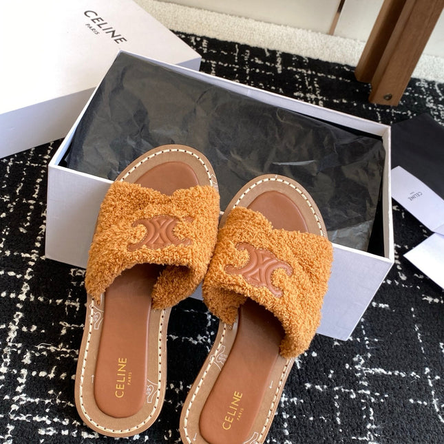CELINE 26S TRIOMPHE FLAT SLIDES IN BROWN WOOL