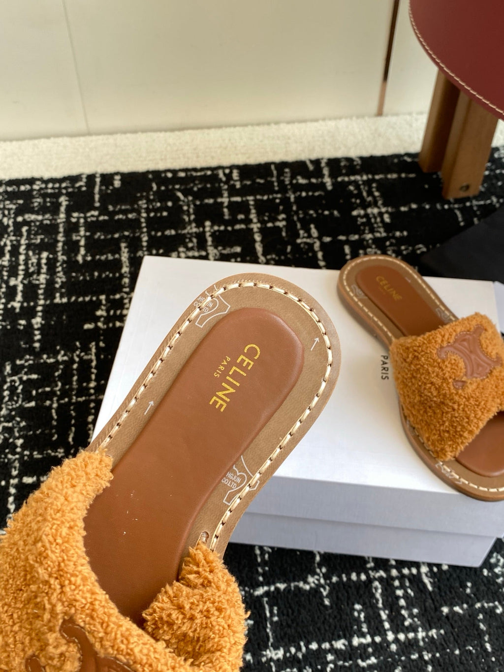 CELINE 26S TRIOMPHE FLAT SLIDES IN BROWN WOOL