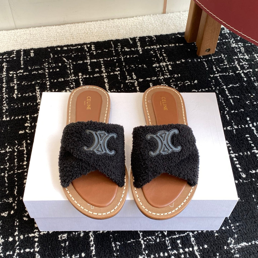 CELINE 26S TRIOMPHE FLAT SLIDES IN BLACK WOOL