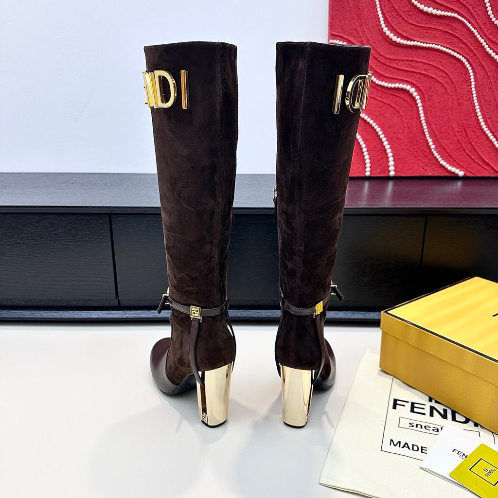 FENDI 25S HIGH-CUT METALLIC HEEL BOOTS 100 MM IN DARK BROWN SUEDE AND CALFSKIN STYLE 1