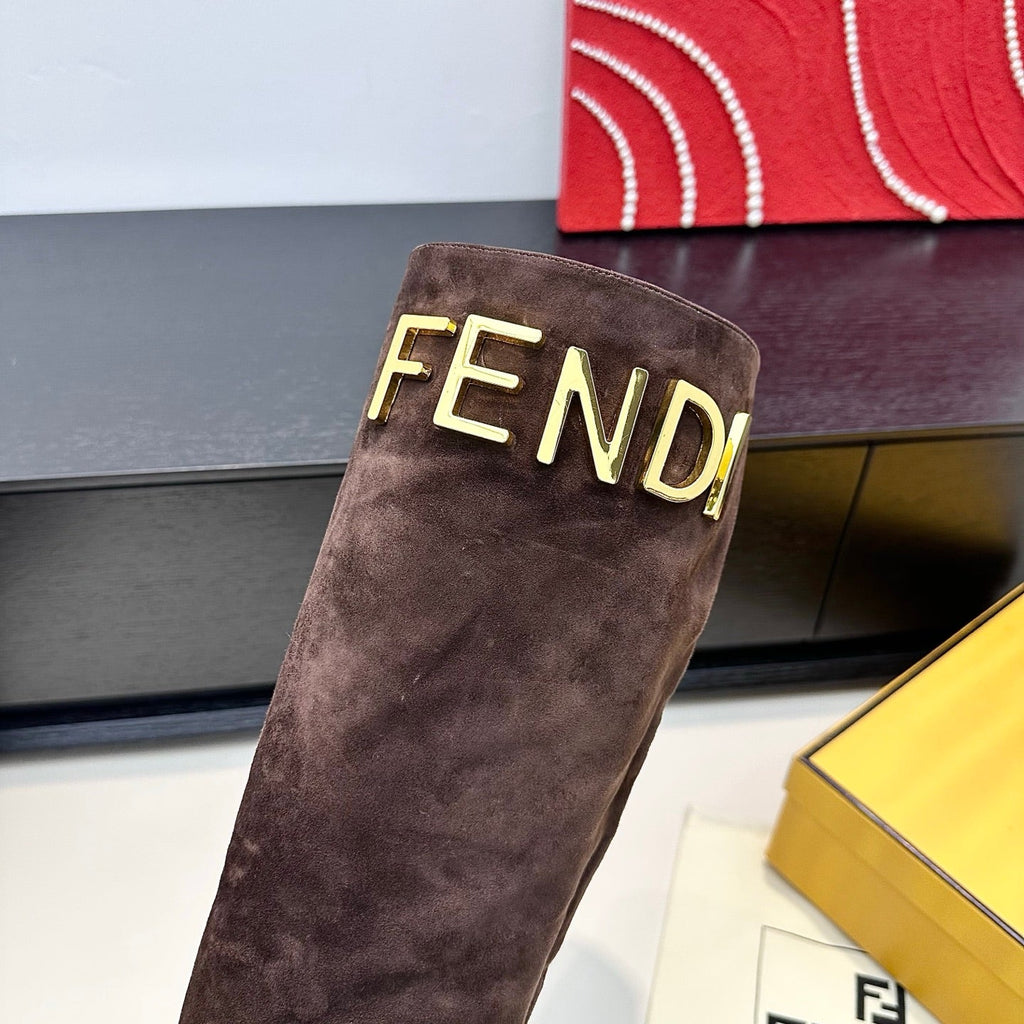 FENDI 25S HIGH-CUT METALLIC HEEL BOOTS 100 MM IN DARK BROWN SUEDE AND CALFSKIN