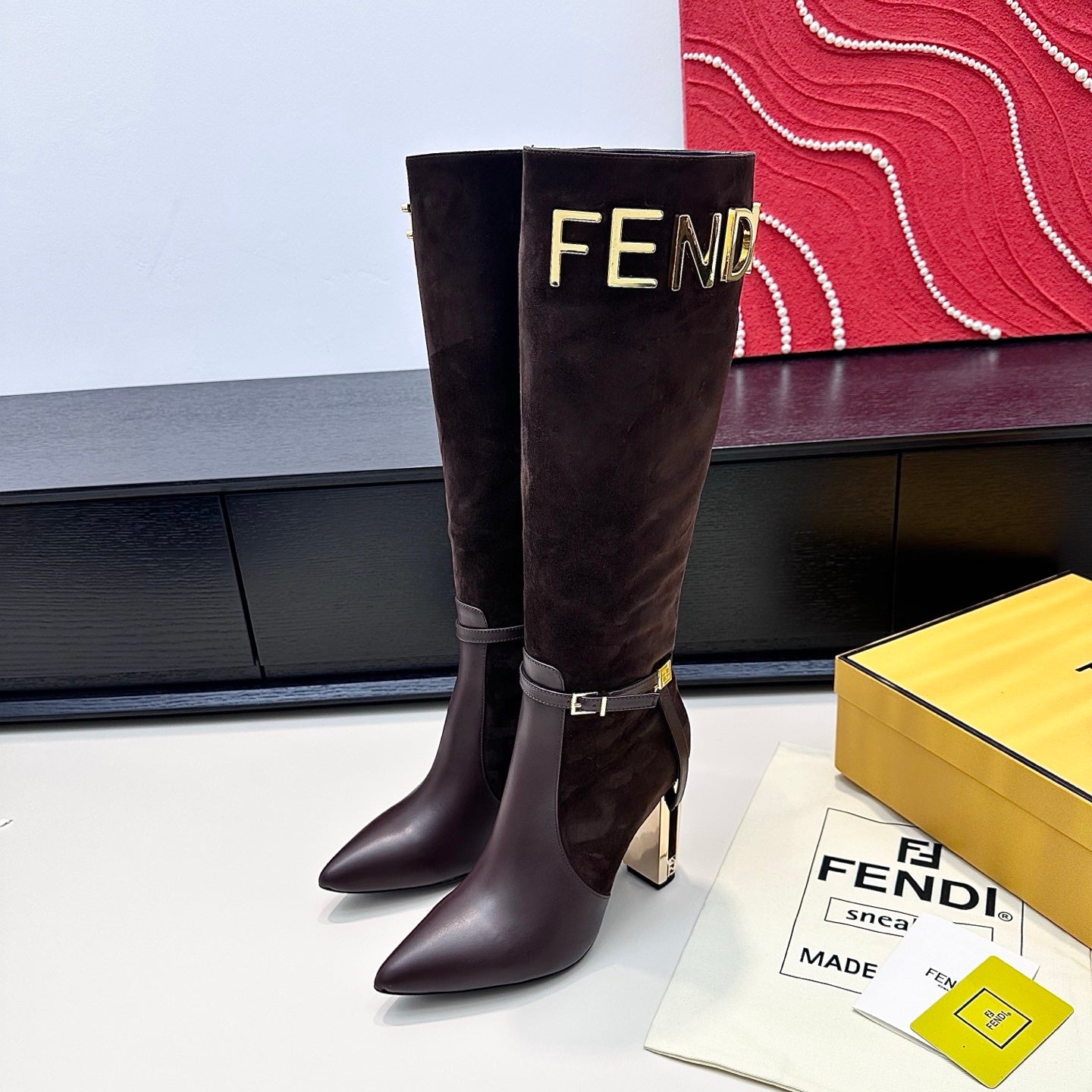 FENDI 25S HIGH-CUT METALLIC HEEL BOOTS 100 MM IN DARK BROWN SUEDE AND CALFSKIN
