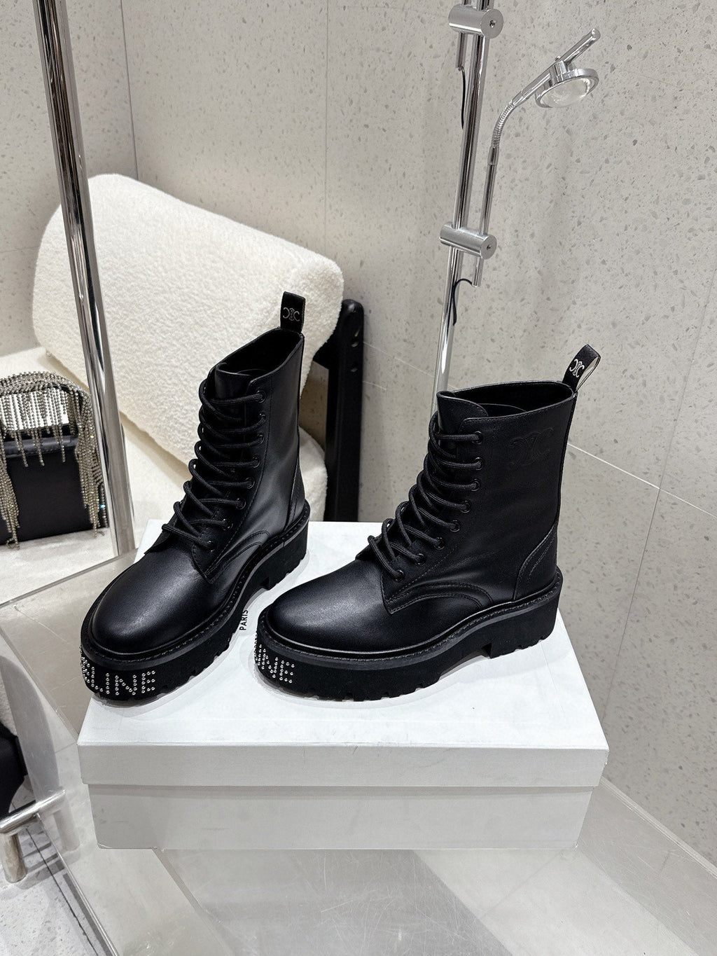 CELINE 26S CHUNKY-SOLE COMBAT BOOTS IN BLACK CALFSKIN