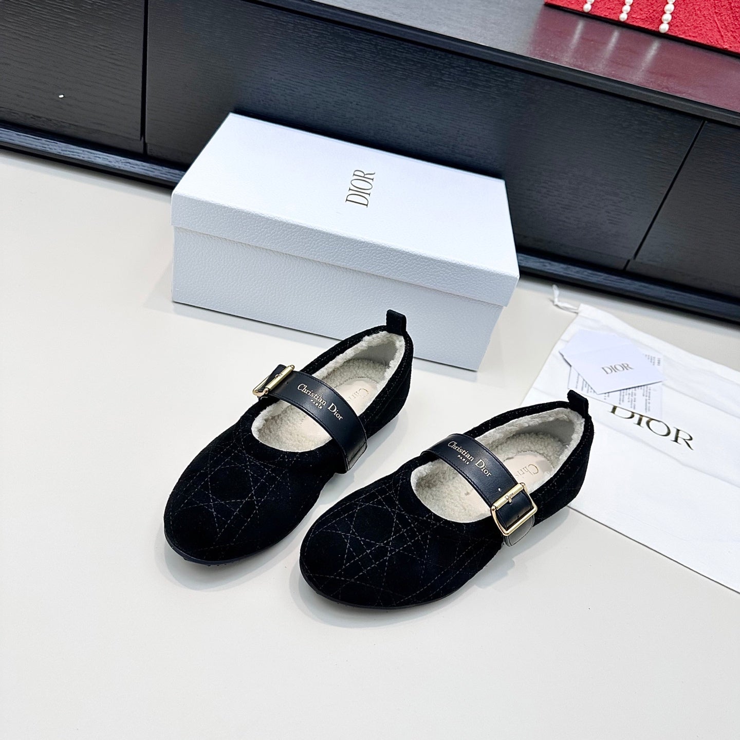DIOR 26S FROST BALLET FLAT IN BLACK CANNAGE SUEDE AND CALFSKIN