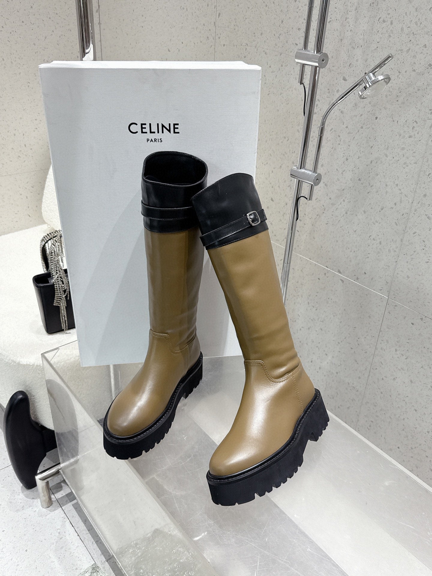 CELINE 26S KNEE-HIGH BOOTS IN OLIVE BROWN AND BLACK CALFSKIN