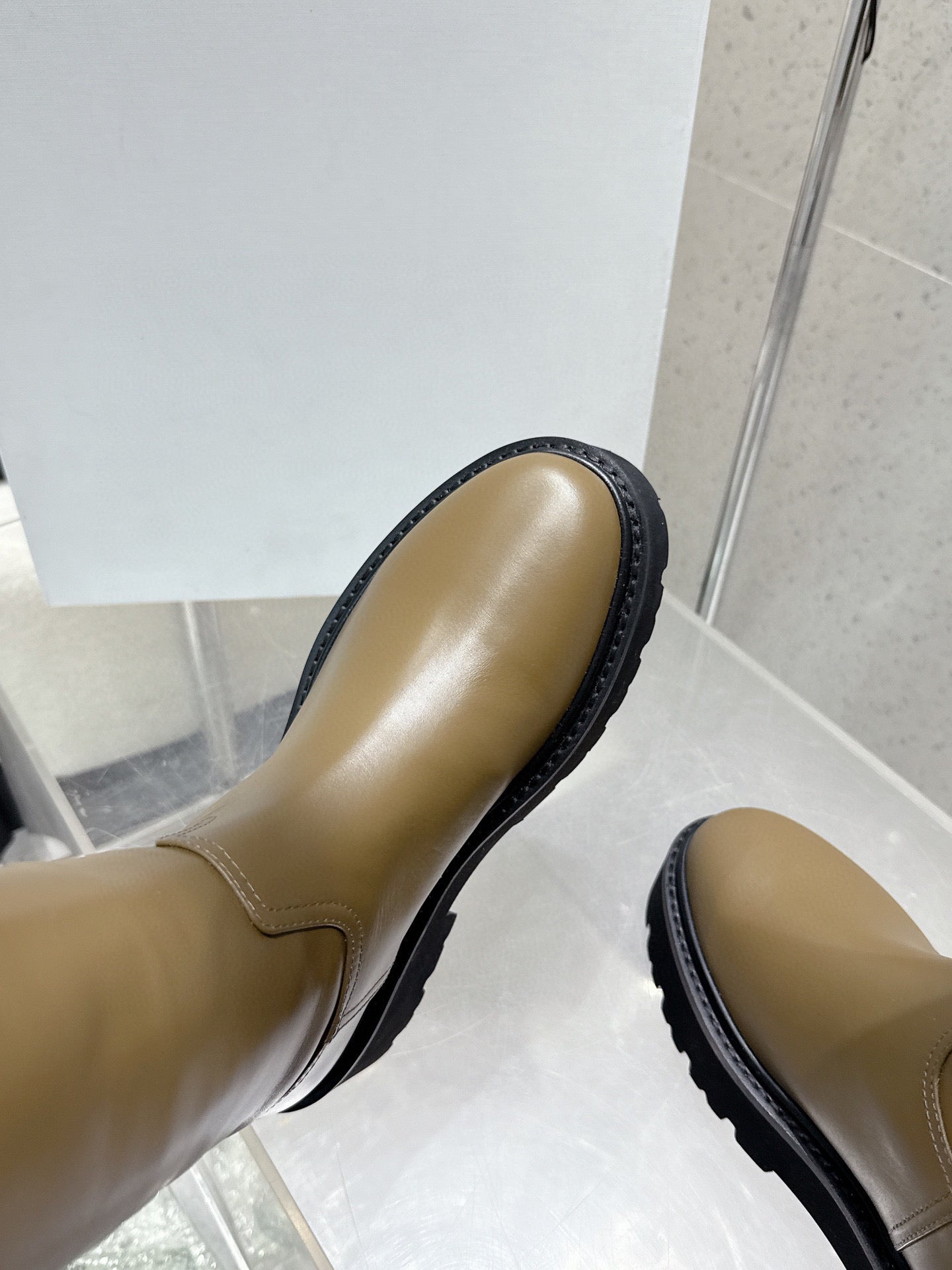 CELINE 26S KNEE-HIGH BOOTS IN OLIVE BROWN AND BLACK CALFSKIN