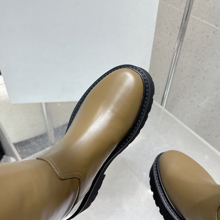 CELINE 26S KNEE-HIGH BOOTS IN OLIVE BROWN AND BLACK CALFSKIN