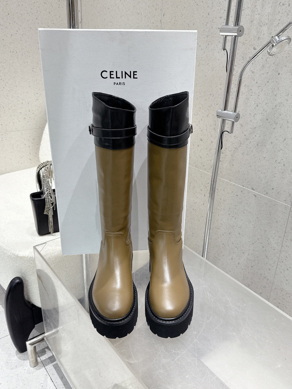 CELINE 26S KNEE-HIGH BOOTS IN OLIVE BROWN AND BLACK CALFSKIN