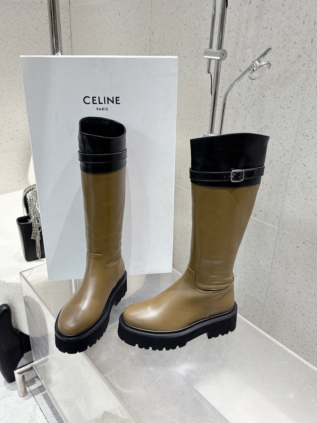 CELINE 26S KNEE-HIGH BOOTS IN OLIVE BROWN AND BLACK CALFSKIN