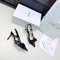 DIOR 26S POINTED TOE HEELED SANDALS 85MM IN BLACK FABRIC WITH PEARL BOW