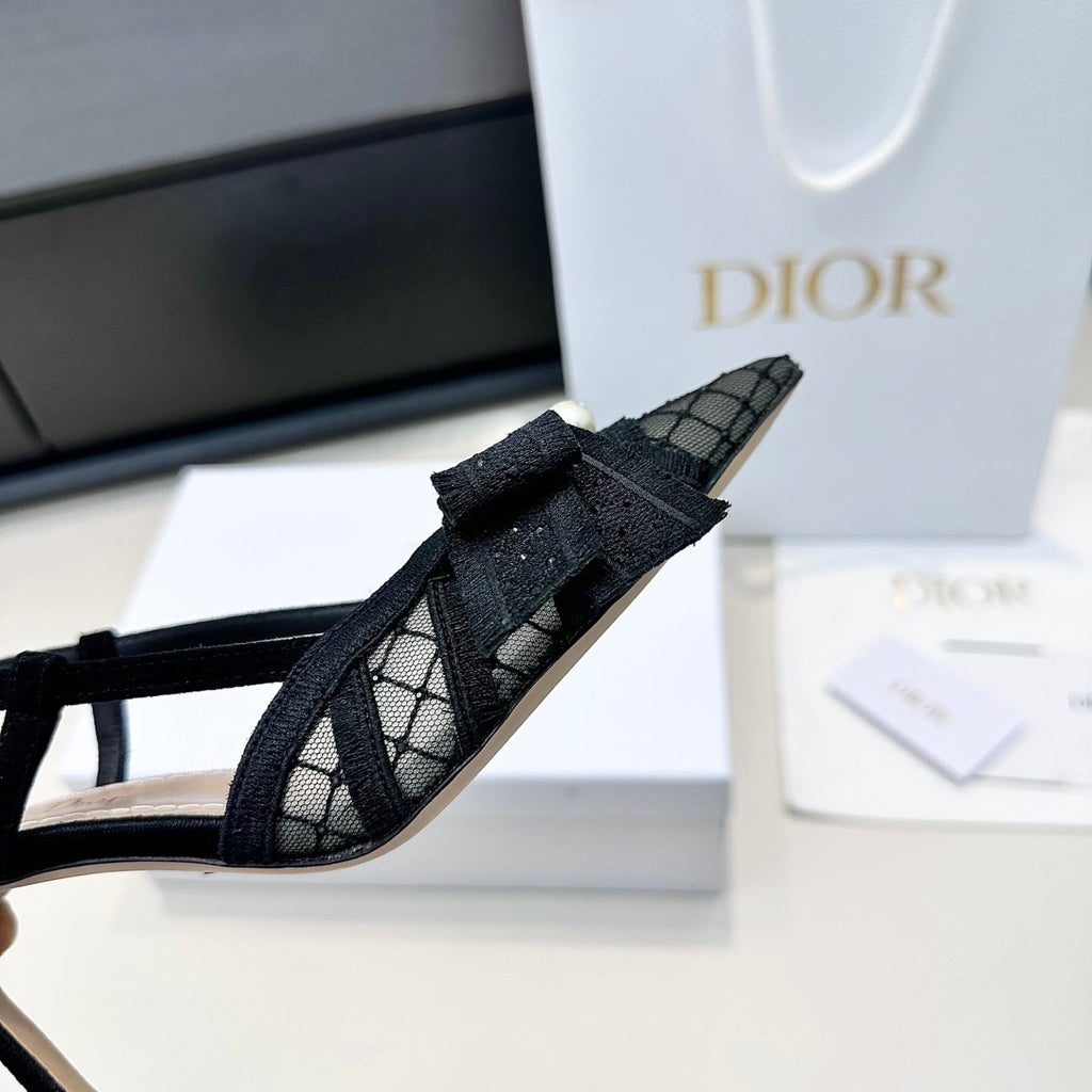 DIOR 26S POINTED TOE HEELED SANDALS 85MM IN BLACK FABRIC WITH PEARL BOW