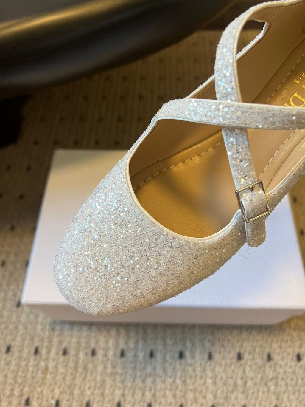 DIOR 26S BALLET FLAT IN WHITE LAMINATED LAMBSKIN AND GLITTER