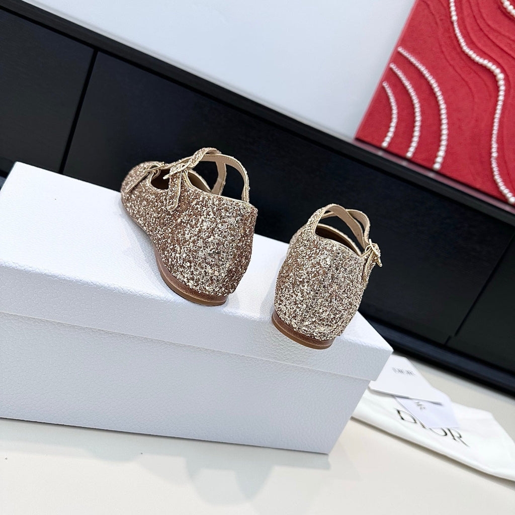 DIOR 26S BALLET FLAT IN GOLD LAMINATED LAMBSKIN AND GLITTER