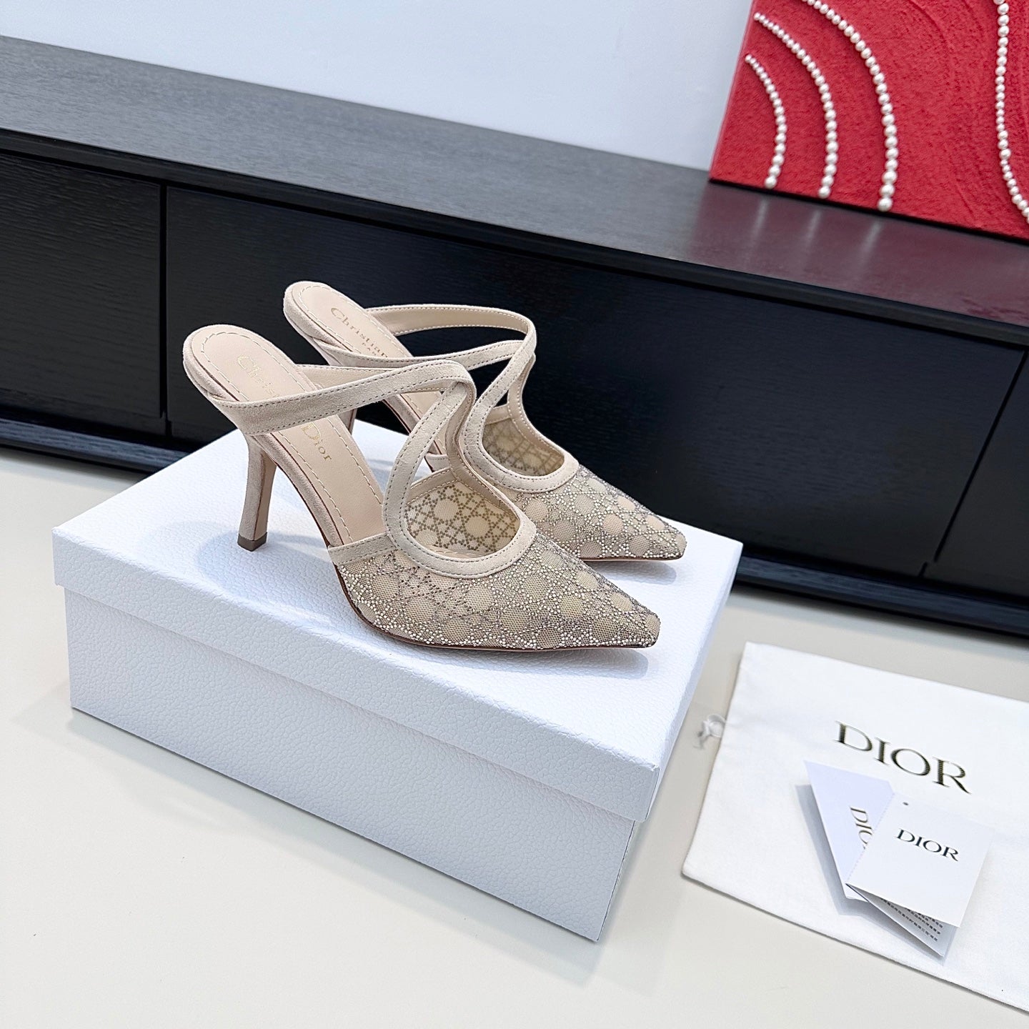 DIOR 26S CAPTURE HEELED MULE 100MM IN BEIGE SUEDE WITH SILVER STRASS CANNAGE MOTIF