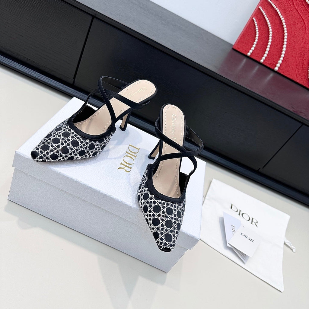 DIOR 26S SLINGBACK PUMP 100MM IN BLACK SATIN WITH SILVER STRASS CANNAGE MOTIF
