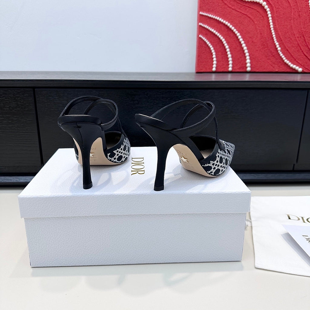 DIOR 26S SLINGBACK PUMP 100MM IN BLACK SATIN WITH SILVER STRASS CANNAGE MOTIF