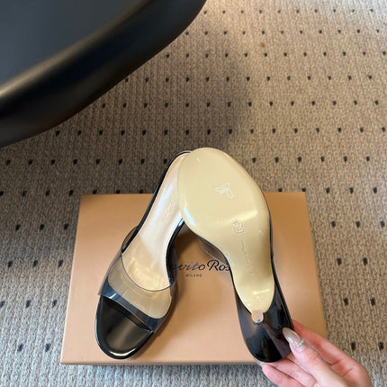 GIANVITO ROSSI 26S HEELED SANDALS 75 MM IN BLACK PATENT CALFSKIN AND PVC