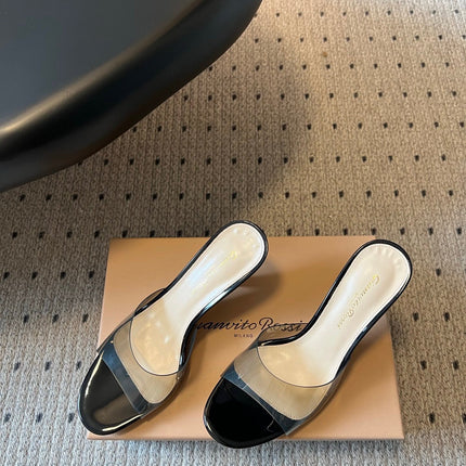 GIANVITO ROSSI 26S HEELED SANDALS 75 MM IN BLACK PATENT CALFSKIN AND PVC