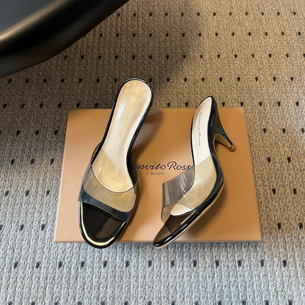 GIANVITO ROSSI 26S HEELED SANDALS 75 MM IN BLACK PATENT CALFSKIN AND PVC