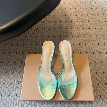 GIANVITO ROSSI 26S HEELED SANDALS 75 MM IN METALLIC MINT GREEN PATENT CALFSKIN AND PVC