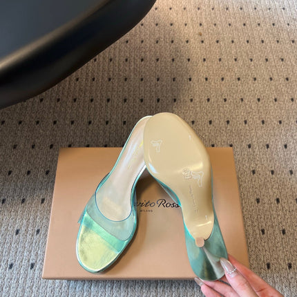 GIANVITO ROSSI 26S HEELED SANDALS 75 MM IN METALLIC MINT GREEN PATENT CALFSKIN AND PVC