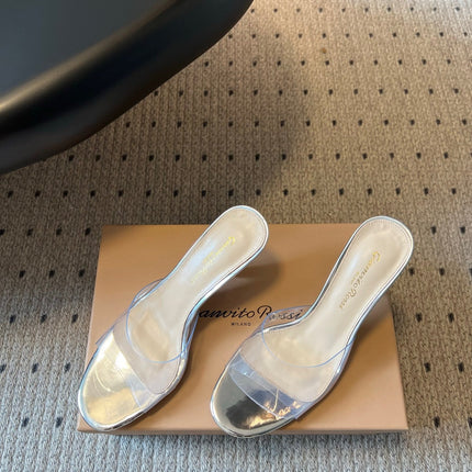 GIANVITO ROSSI 26S HEELED SANDALS 75 MM IN SILVER CALFSKIN AND PVC
