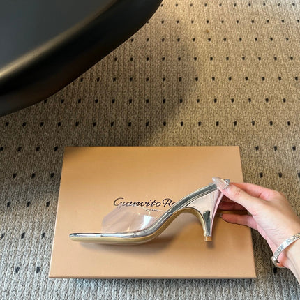 GIANVITO ROSSI 26S HEELED SANDALS 75 MM IN SILVER CALFSKIN AND PVC