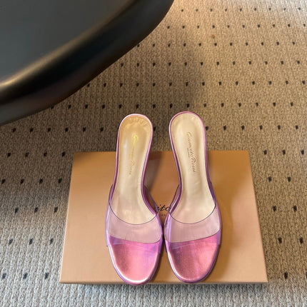 GIANVITO ROSSI 26S HEELED SANDALS 75 MM IN METALLIC PURPLE CALFSKIN AND PVC