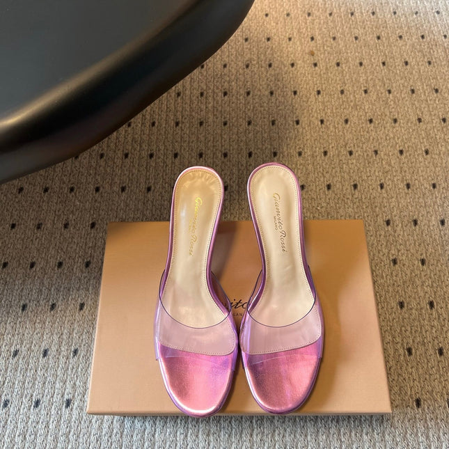GIANVITO ROSSI 26S HEELED SANDALS 75 MM IN METALLIC PURPLE CALFSKIN AND PVC