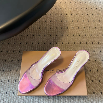 GIANVITO ROSSI 26S HEELED SANDALS 75 MM IN METALLIC PURPLE CALFSKIN AND PVC