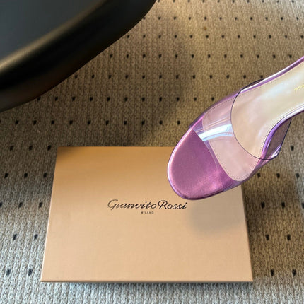 GIANVITO ROSSI 26S HEELED SANDALS 75 MM IN METALLIC PURPLE CALFSKIN AND PVC