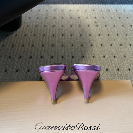 GIANVITO ROSSI 26S HEELED SANDALS 75 MM IN METALLIC PURPLE CALFSKIN AND PVC