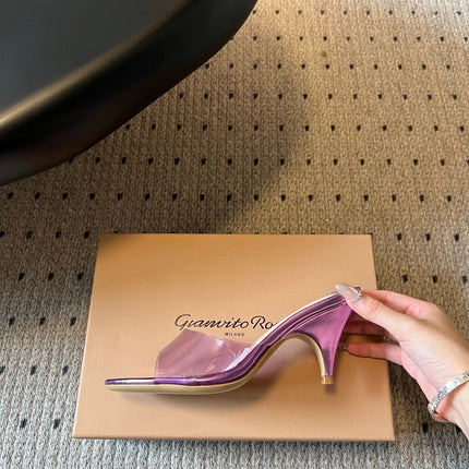 GIANVITO ROSSI 26S HEELED SANDALS 75 MM IN METALLIC PURPLE CALFSKIN AND PVC