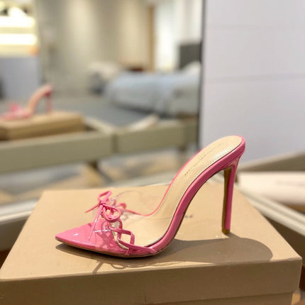 GIANVITO ROSSI 26S HEELED SANDALS 105 MM IN LIGHT PINK PATENT CALFSKIN WITH BOW