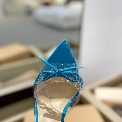 GIANVITO ROSSI 26S HEELED SANDALS 105 MM IN AZURE BLUE PATENT CALFSKIN WITH BOW