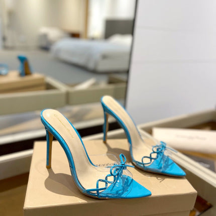 GIANVITO ROSSI 26S HEELED SANDALS 105 MM IN AZURE BLUE PATENT CALFSKIN WITH BOW
