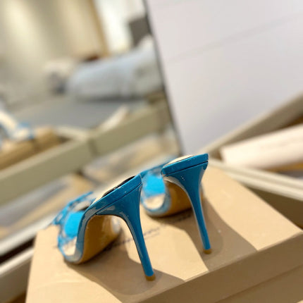 GIANVITO ROSSI 26S HEELED SANDALS 105 MM IN AZURE BLUE PATENT CALFSKIN WITH BOW