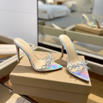 GIANVITO ROSSI 26S HEELED SANDALS 105 MM IN IRIDESCENT SILVER PATENT CALFSKIN WITH BOW