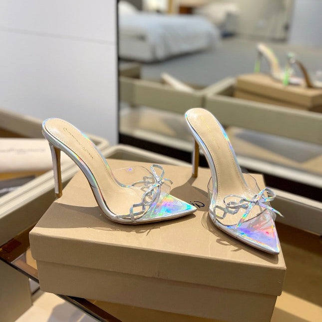 GIANVITO ROSSI 26S HEELED SANDALS 105 MM IN IRIDESCENT SILVER PATENT CALFSKIN WITH BOW