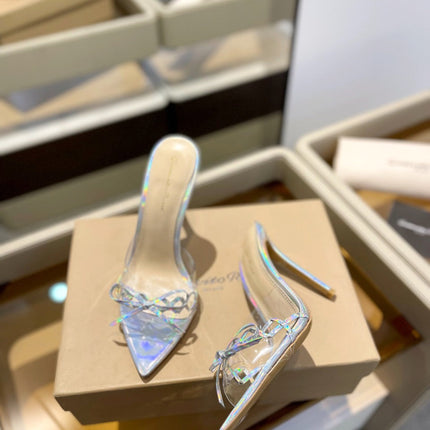 GIANVITO ROSSI 26S HEELED SANDALS 105 MM IN IRIDESCENT SILVER PATENT CALFSKIN WITH BOW