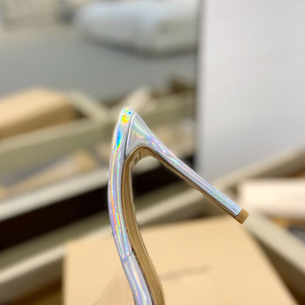 GIANVITO ROSSI 26S HEELED SANDALS 105 MM IN IRIDESCENT SILVER PATENT CALFSKIN WITH BOW