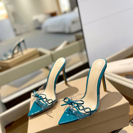 GIANVITO ROSSI 26S HEELED SANDALS 105 MM IN TEAL BLUE PATENT CALFSKIN WITH BOW