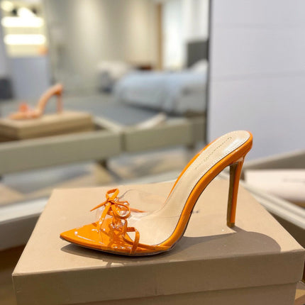 GIANVITO ROSSI 26S HEELED SANDALS 105 MM IN ORANGE PATENT CALFSKIN WITH BOW