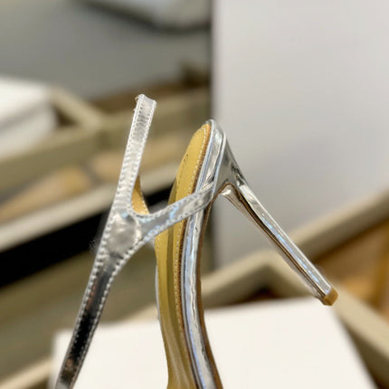 GIANVITO ROSSI 26S STRAPPY HIGH-HEEL SANDALS 105 MM IN SILVER PATENT CALFSKIN