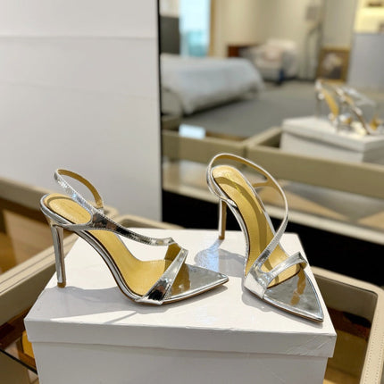 GIANVITO ROSSI 26S STRAPPY HIGH-HEEL SANDALS 105 MM IN SILVER PATENT CALFSKIN