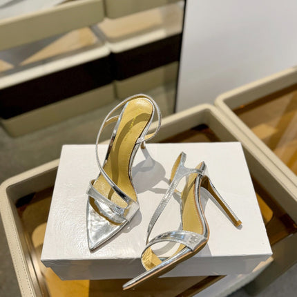GIANVITO ROSSI 26S STRAPPY HIGH-HEEL SANDALS 105 MM IN SILVER PATENT CALFSKIN