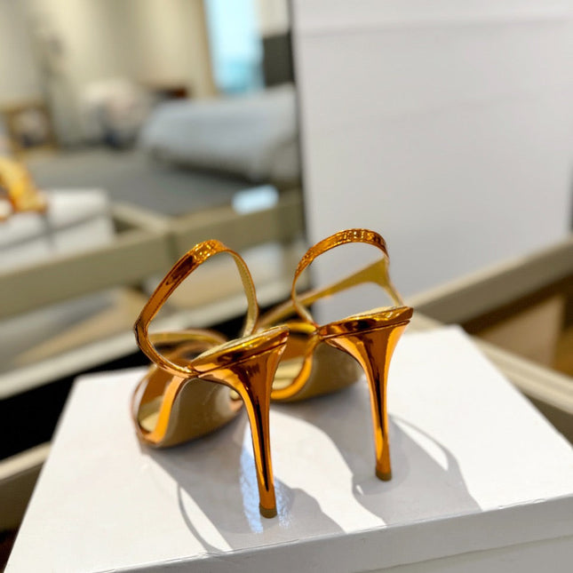 GIANVITO ROSSI 26S STRAPPY HIGH-HEEL SANDALS 105 MM IN METALLIC ORANGE GOLD PATENT CALFSKIN